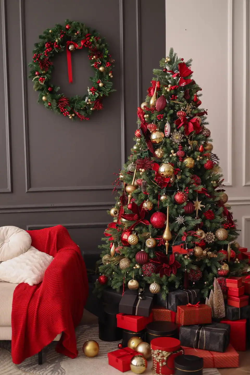 An artificial Christmas tree decorated with red and gold ornaments in a living room with grey walls